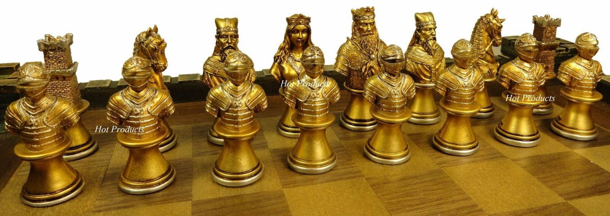 Medieval Times Crusades Busts Gold & Silver Knights Chess Men Set W Castle Board