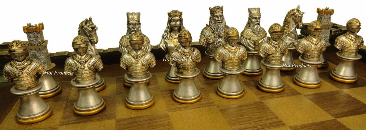 Medieval Times Crusades Busts Gold & Silver Knights Chess Men Set W Castle Board