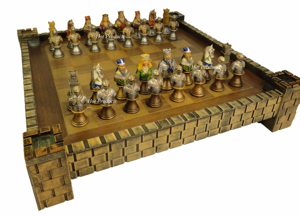 Medieval Times Crusades Busts Painted Knights Chess Set W/ Castle Board