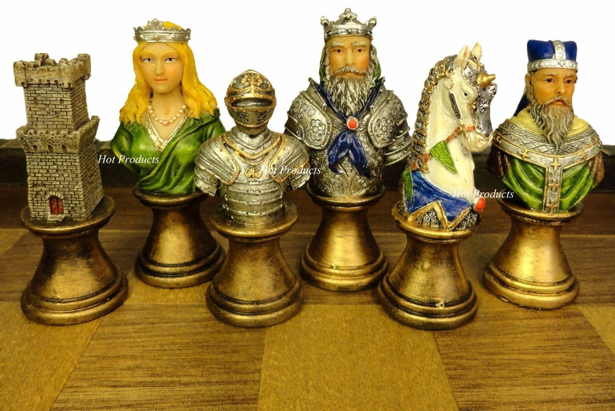 Medieval Times Crusades Busts Painted Knights Chess Set W/ Castle Board