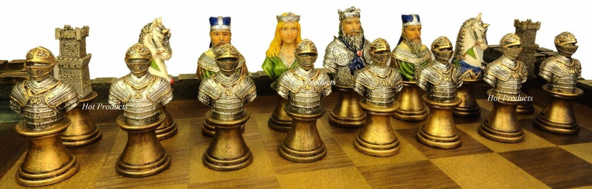 Medieval Times Crusades Busts Painted Knights Chess Set W/ Castle Board