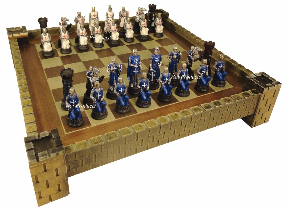 Medieval Times Crusades WARRIOR Knight Blue & White Chess set W 17" Castle Board