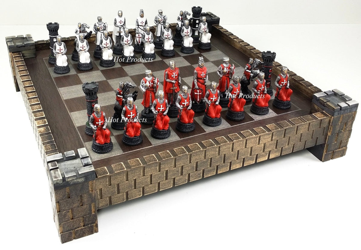 Medieval Times Crusades Red & White Maltese Knight Chess Set w/ 17" Castle Board
