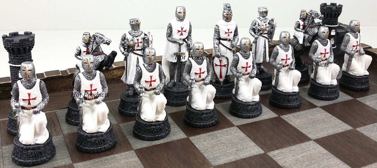 Medieval Times Crusades Red & White Maltese Knight Chess Set w/ 17" Castle Board