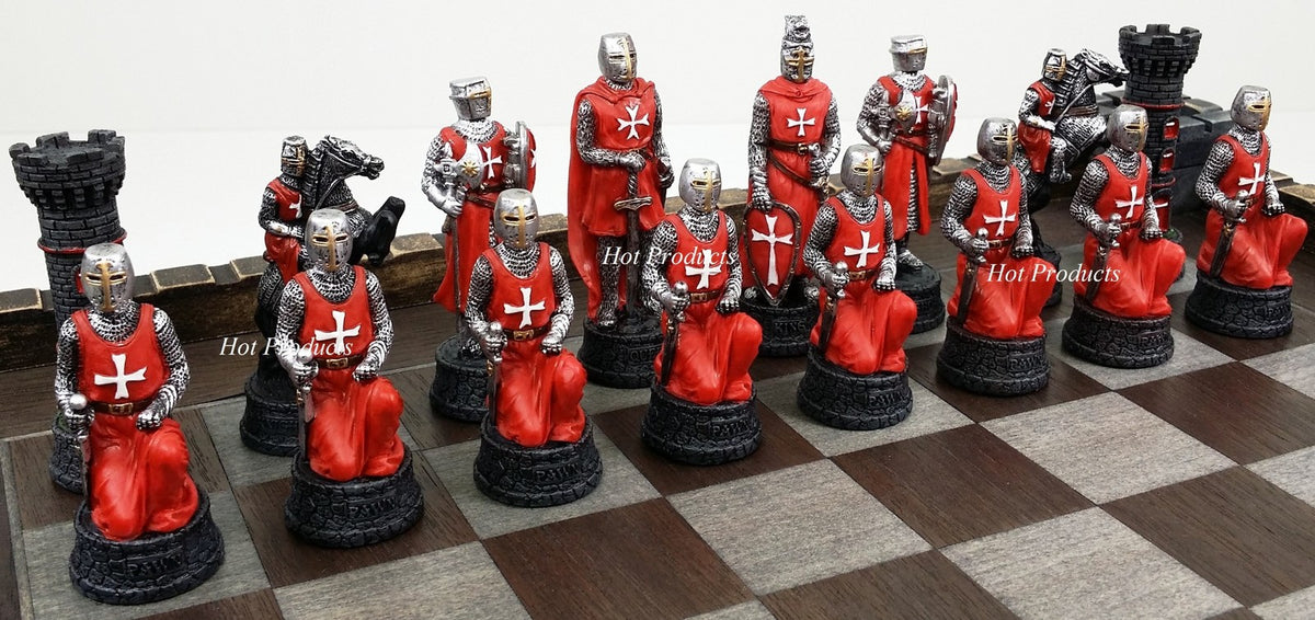 Medieval Times Crusades Red & White Maltese Knight Chess Set w/ 17" Castle Board
