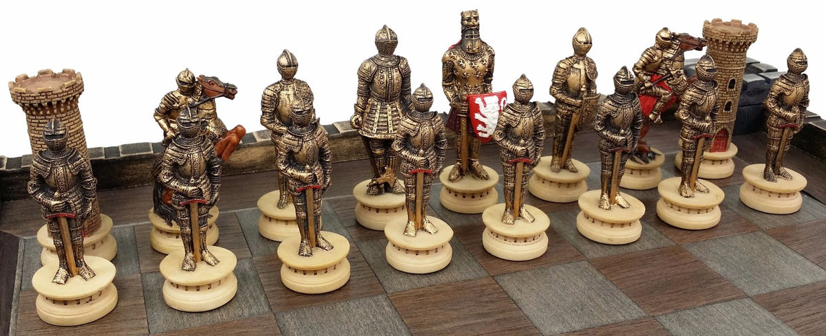 Medieval Times Crusades Warrior Knight Gold & Silver Chess Set W/ Castle Board