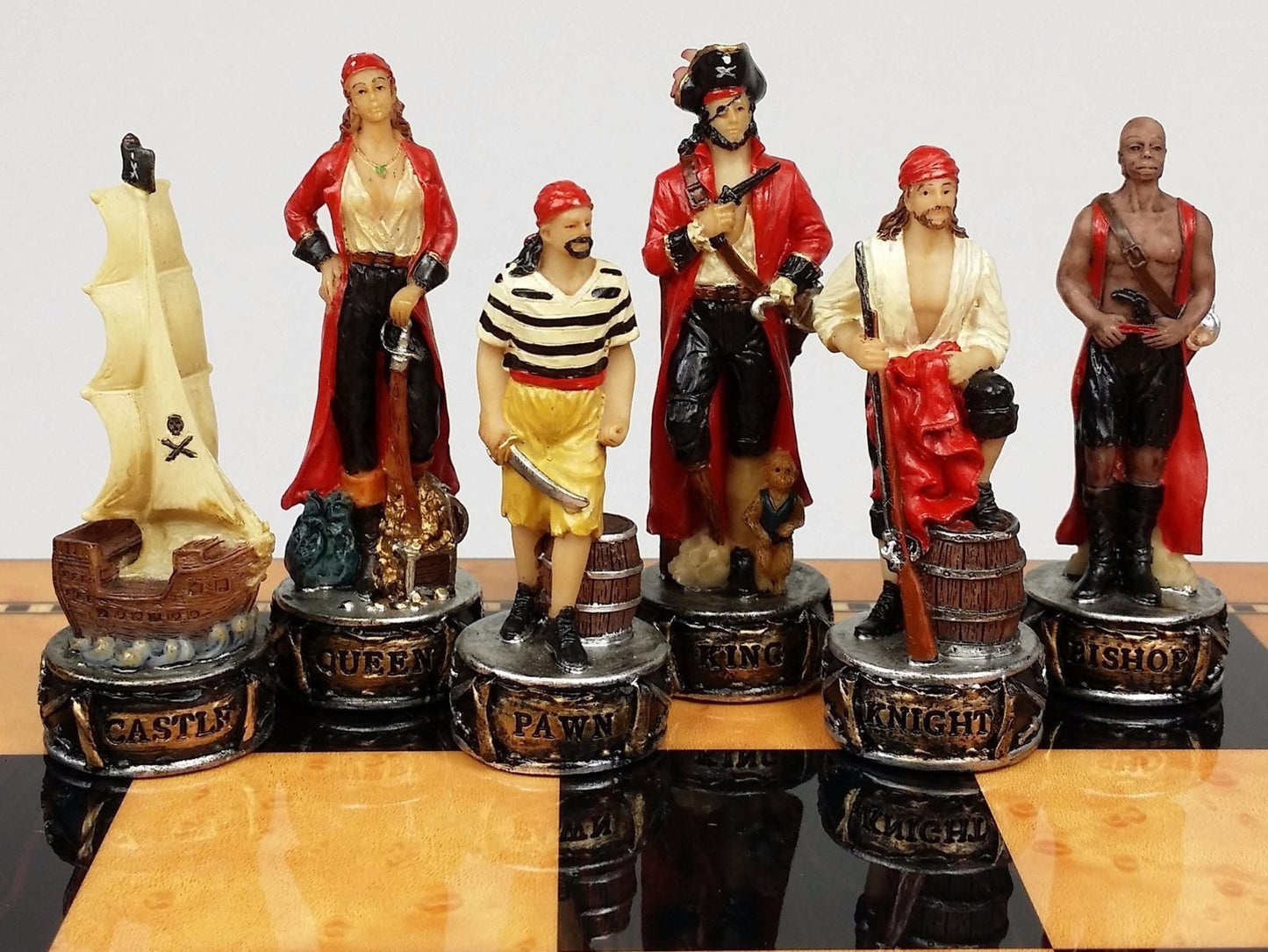 Pirates vs Royal Navy Chess Set w/ 17" Gloss Walnut & Maple Color Storage Board