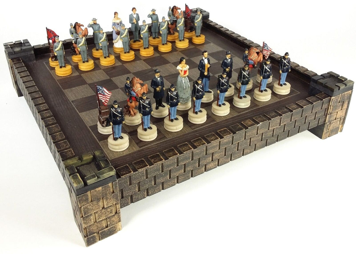 American US Civil War Wife Queens Chess Set with 17" Fortress Castle Board