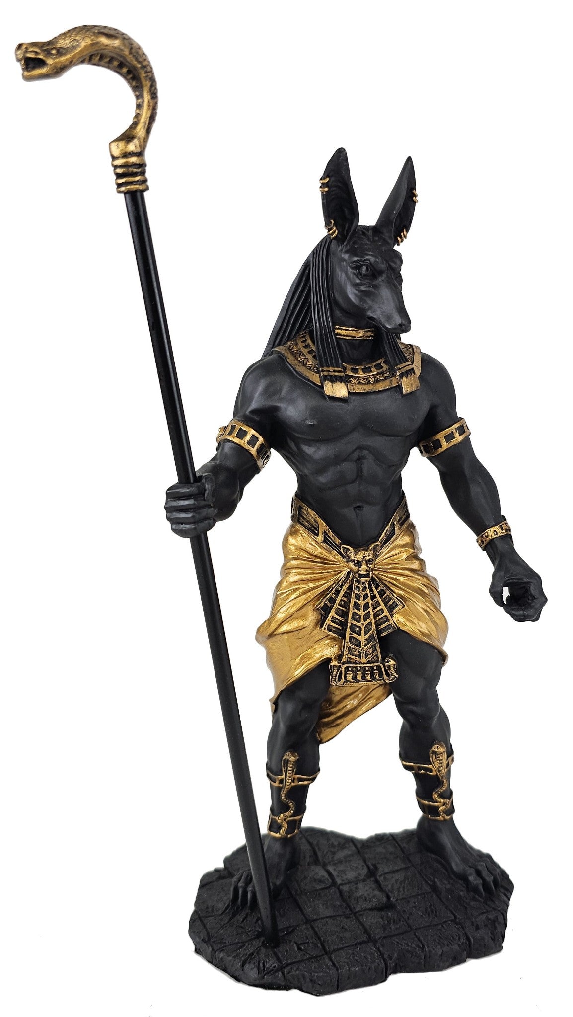 10" Egyptian Anubis Jackal with Cobra Scepter Statue Black and Gold Color