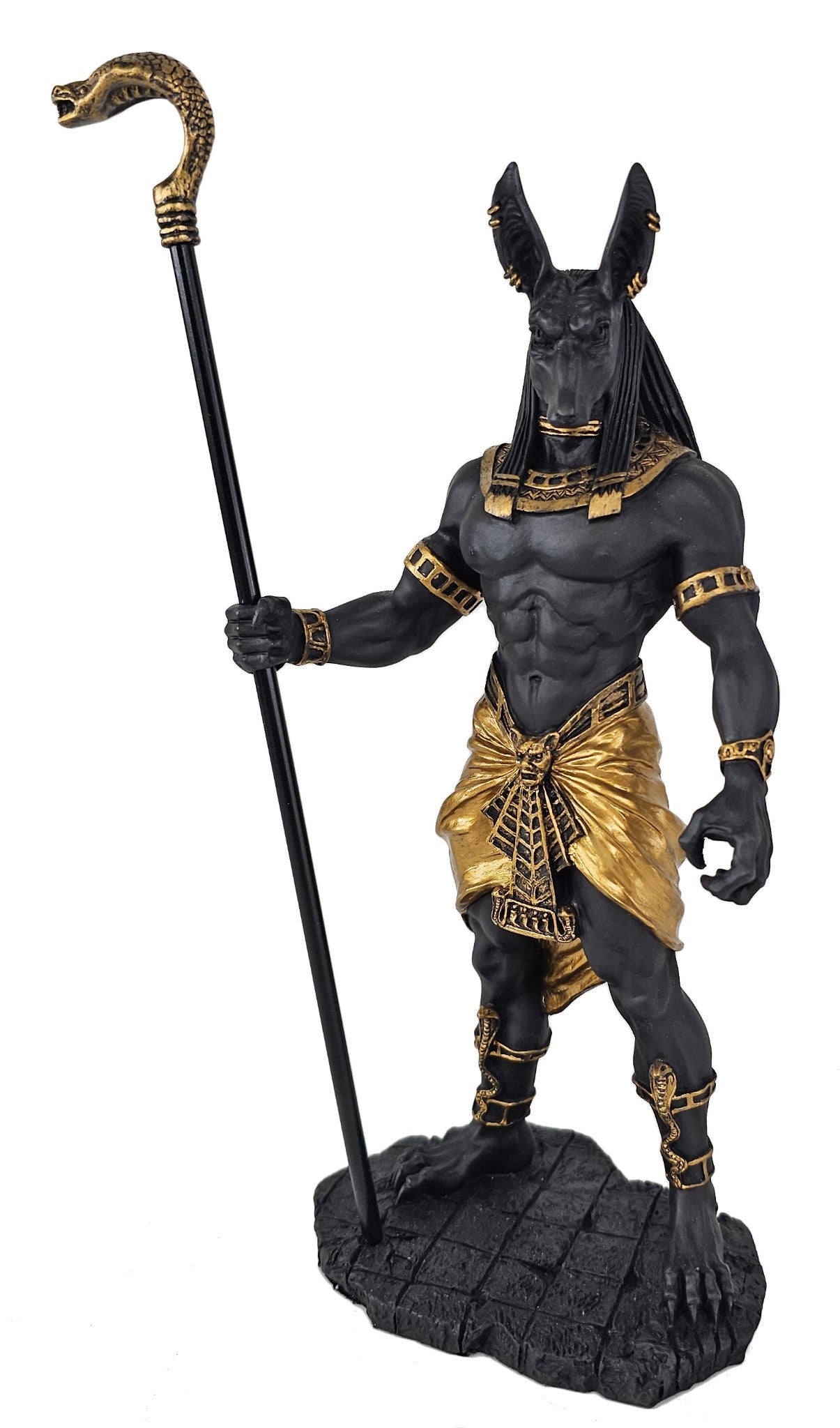 10" Egyptian Anubis Jackal with Cobra Scepter Statue Black and Gold Color