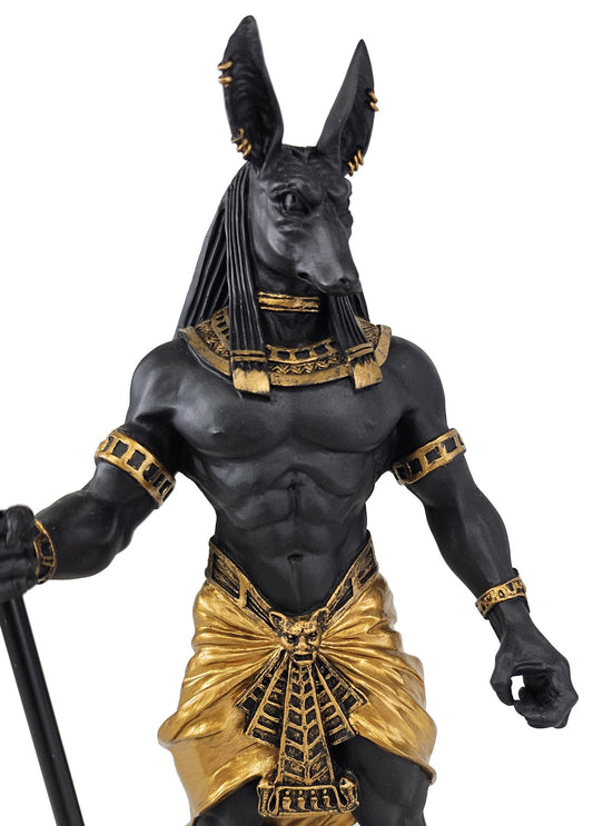 10" Egyptian Anubis Jackal with Cobra Scepter Statue Black and Gold Color