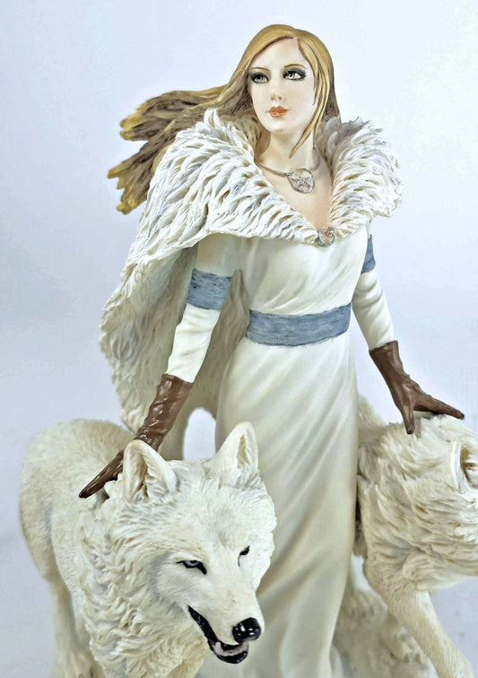 9" Anne Stokes Winter Guardians Snow Wolves and Mistress Statue Hand Painted