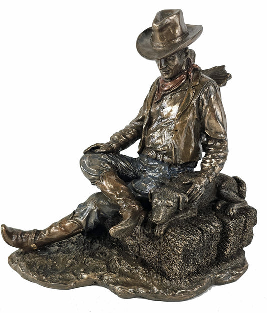 9" Cowboy Napping with Dog on Hay Western Statue Antique Bronze Color