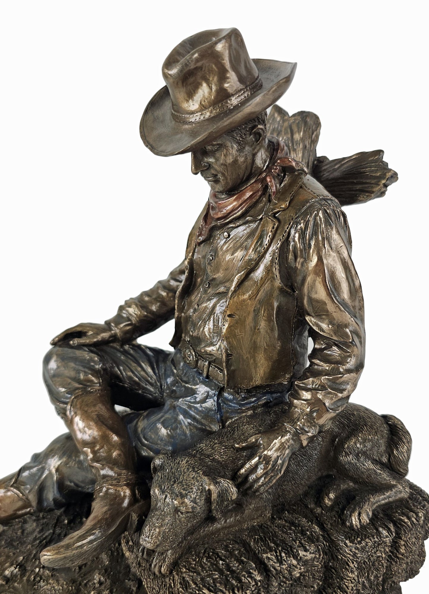 9" Cowboy Napping with Dog on Hay Western Statue Antique Bronze Color