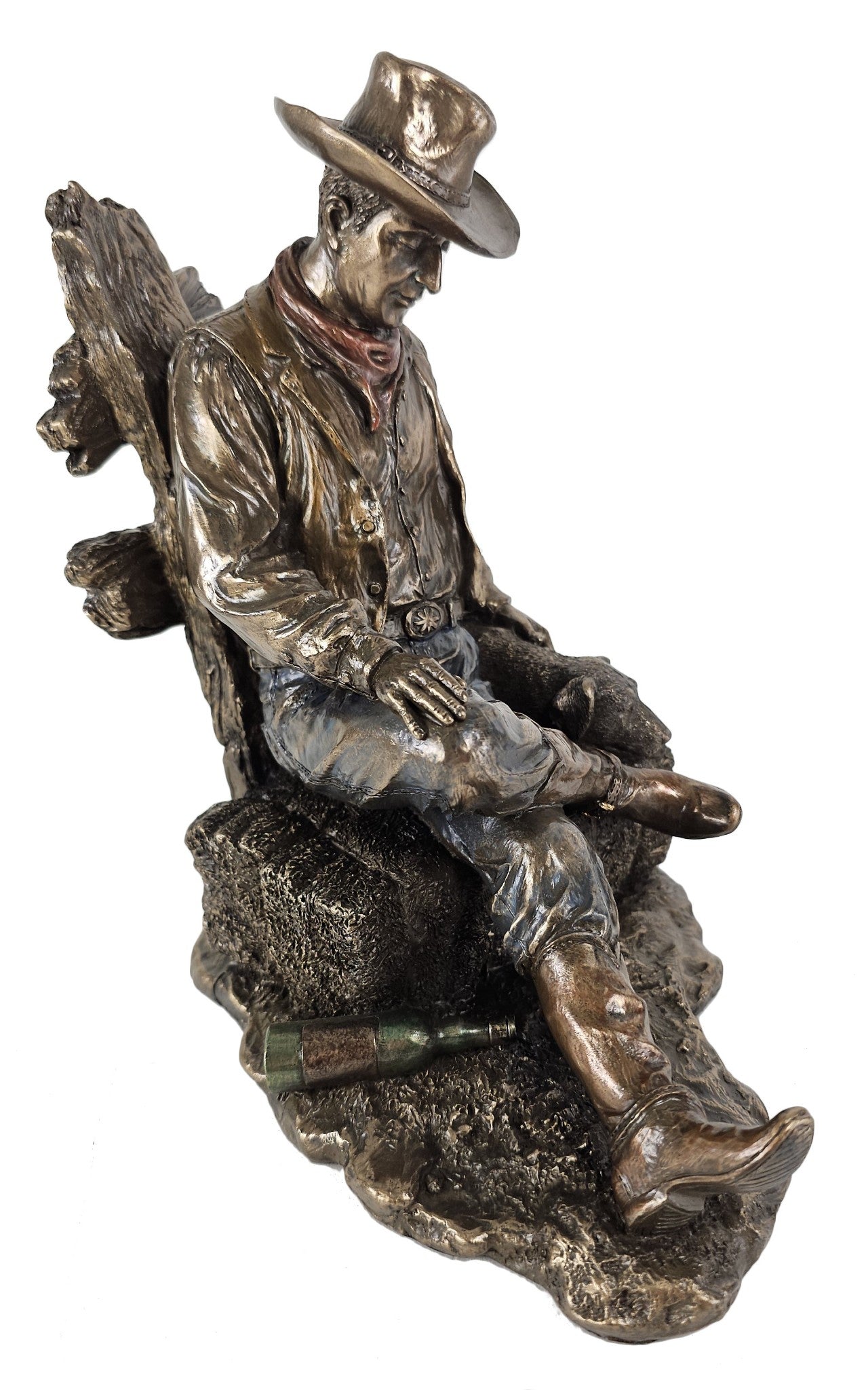 9" Cowboy Napping with Dog on Hay Western Statue Antique Bronze Color