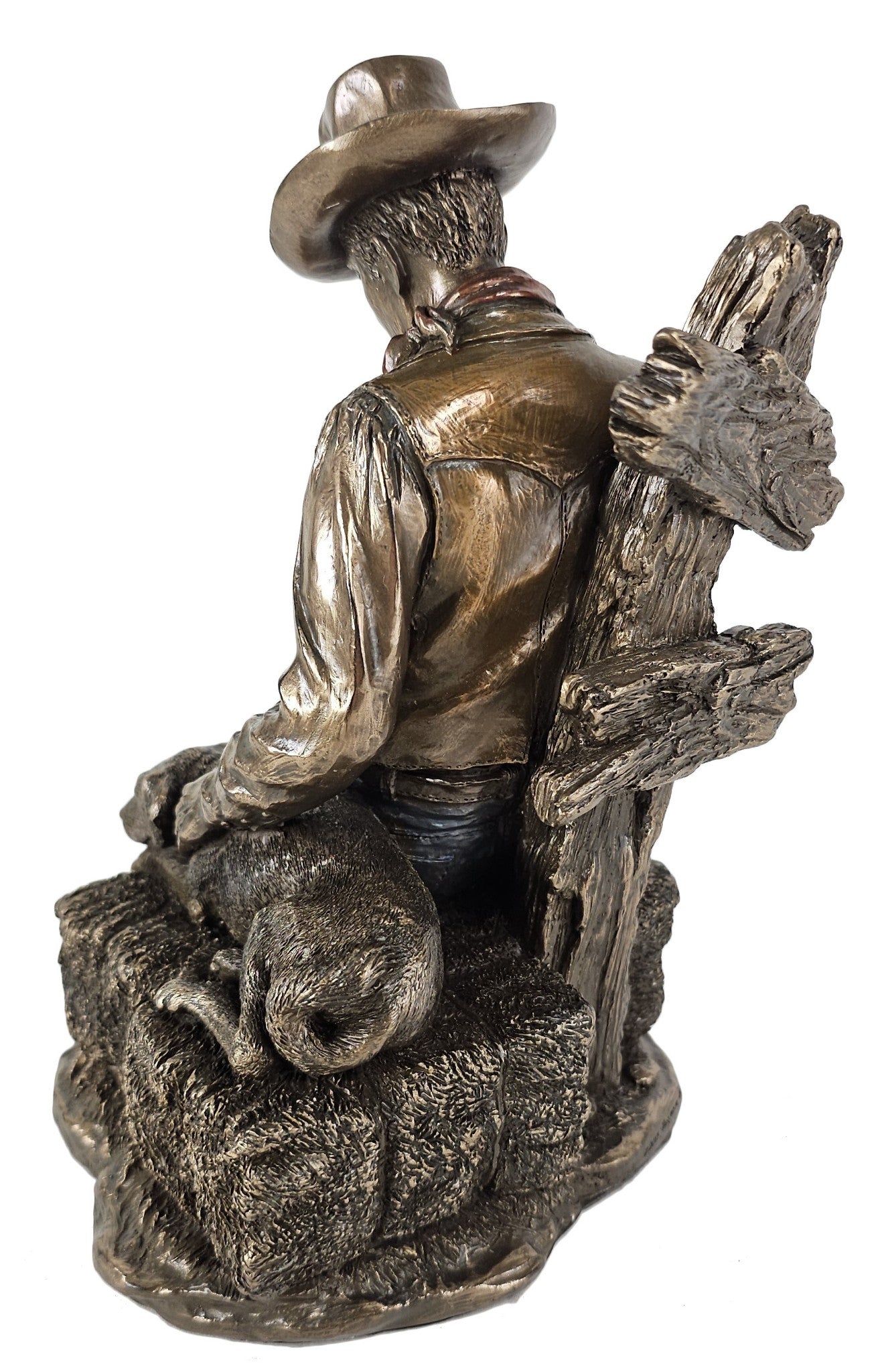 9" Cowboy Napping with Dog on Hay Western Statue Antique Bronze Color