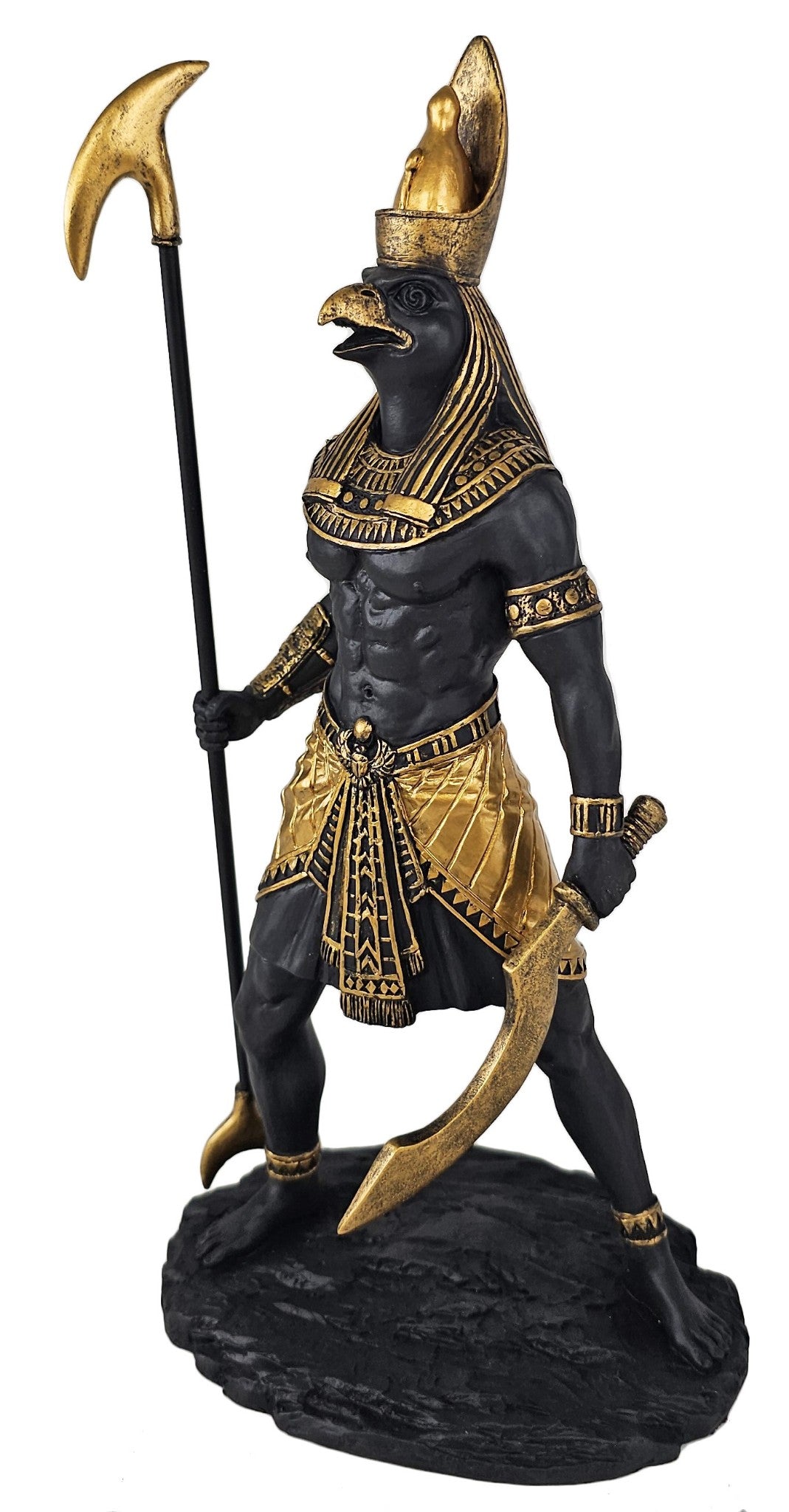 10 1/2" Egyptian Horus Falcon Headed God with Staff & Sword Statue Black & Gold