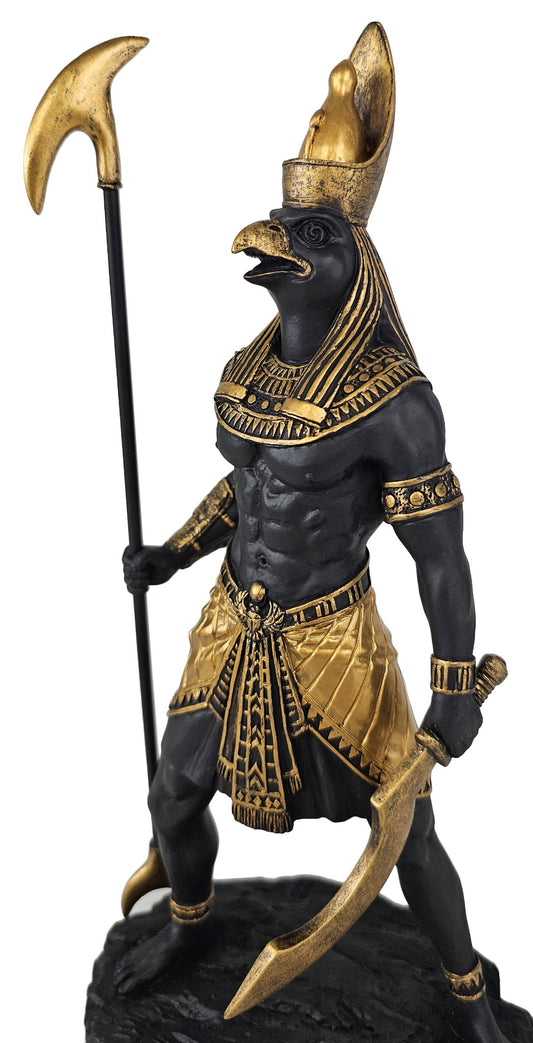 10 1/2" Egyptian Horus Falcon Headed God with Staff & Sword Statue Black & Gold