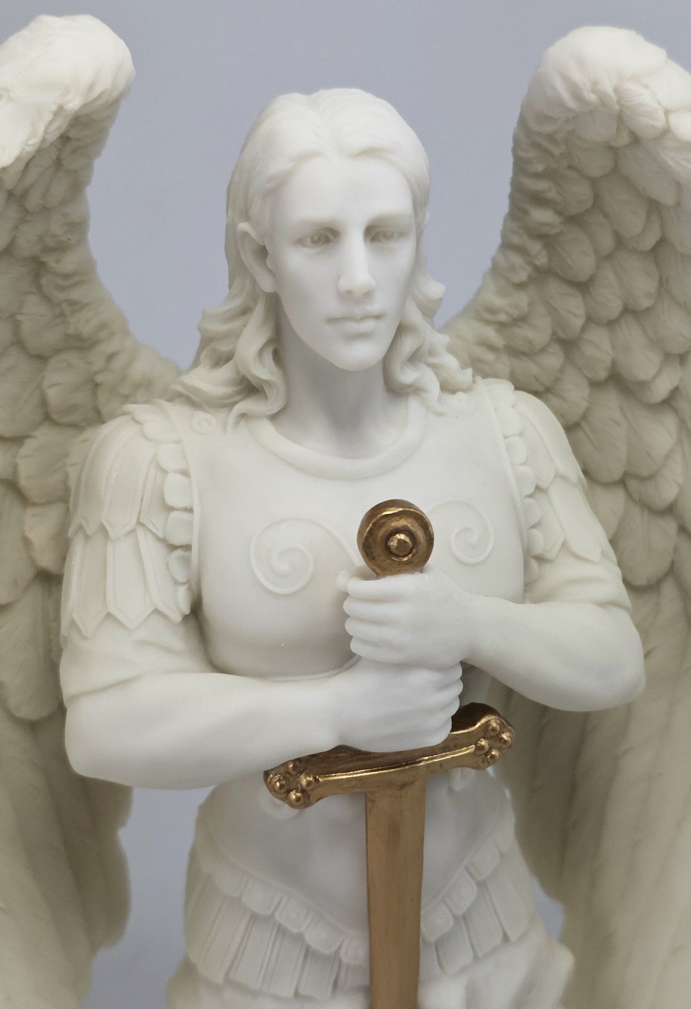 9" Saint Michael Archangel Prayer Monument Statue White Marble Color Angel