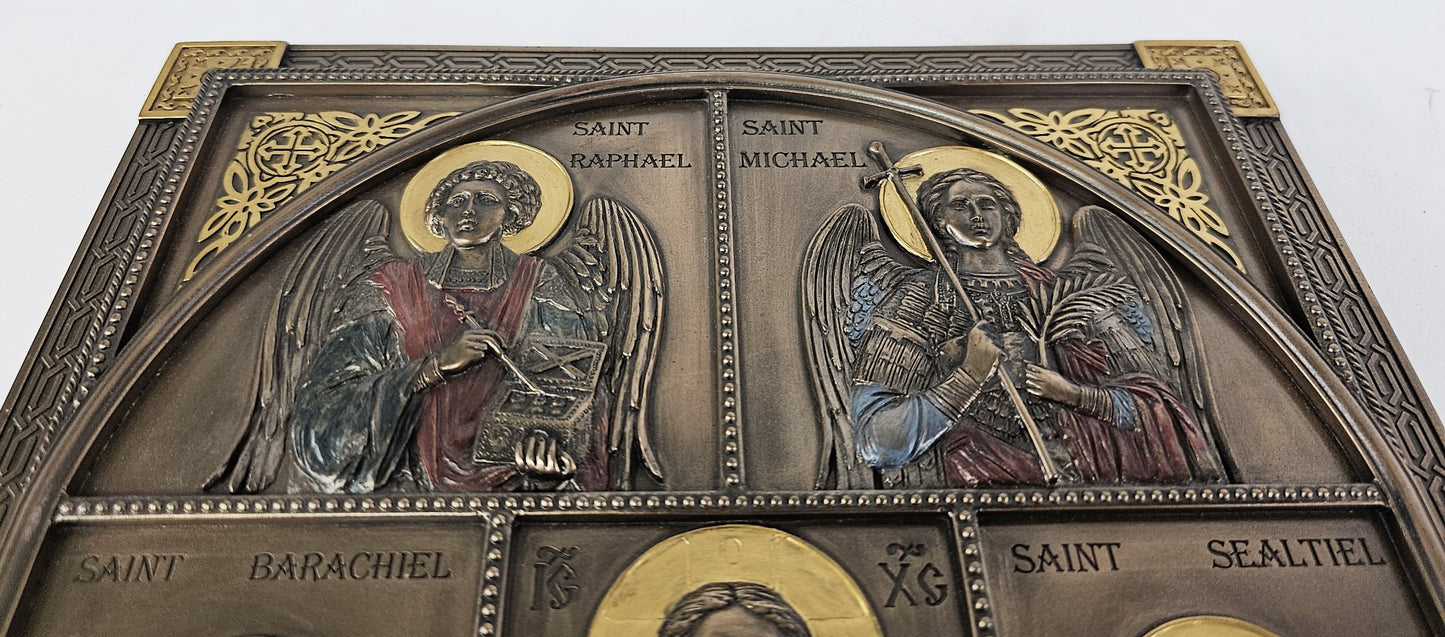 12" Jesus and the 7 Archangels Michael Gabriel Uriel .. Wall Plaque Bronze Color