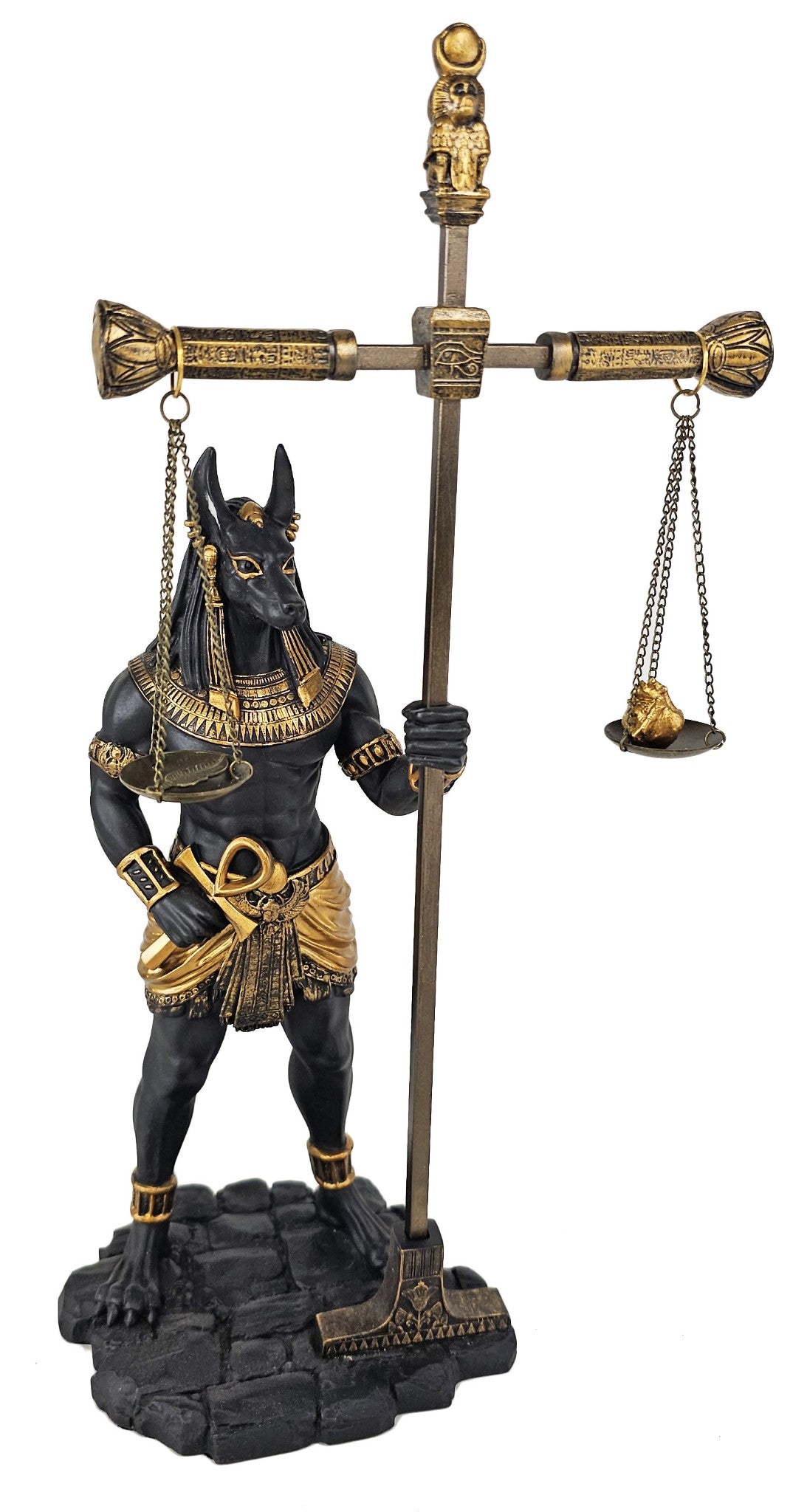 13" Egyptian Anubis Statue With Large Truth and Justice Scale Ankh Black & Gold