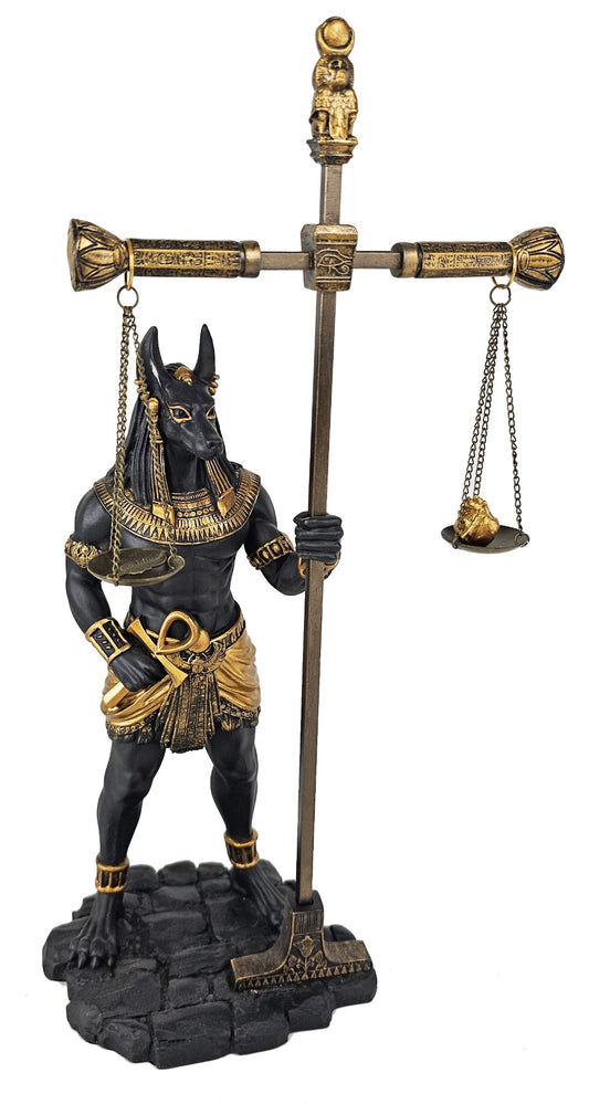 13" Egyptian Anubis Statue With Large Truth and Justice Scale Ankh Black & Gold