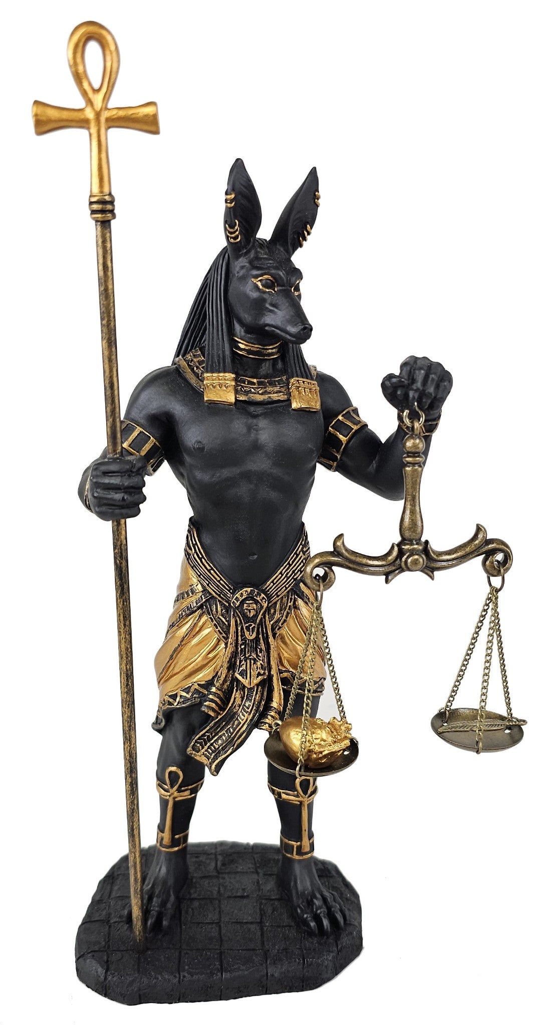 10 5/8" Egyptian Anubis Statue Holding Scale and Ankh Staff Black and Gold Color