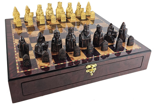 Large Isle of Lewis Brown Medieval Chess Set 20" Cherry Color Storage Board