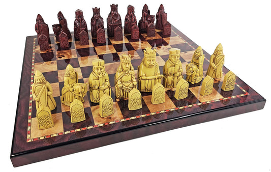 Large Isle of Lewis RED Chess Set 3 1/4" King with 18" Cherry Color Board