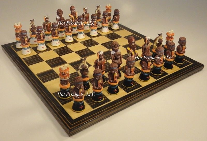 AUSTRALIAN ABORIGINES Chess Set W Ebony Black & Maple 14" Wood Board Aboriginal