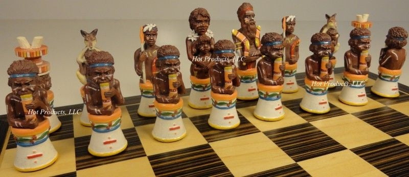 AUSTRALIAN ABORIGINES Chess Set W Ebony Black & Maple 14" Wood Board Aboriginal