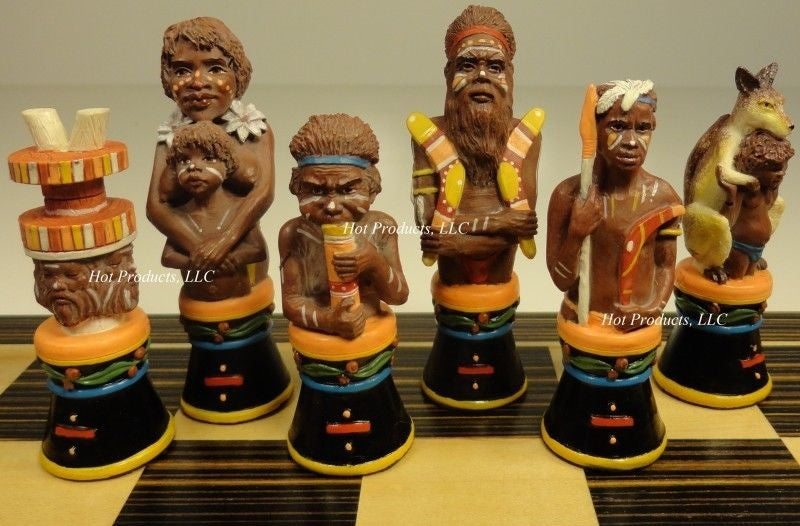 AUSTRALIAN ABORIGINES Chess Set W Ebony Black & Maple 14" Wood Board Aboriginal