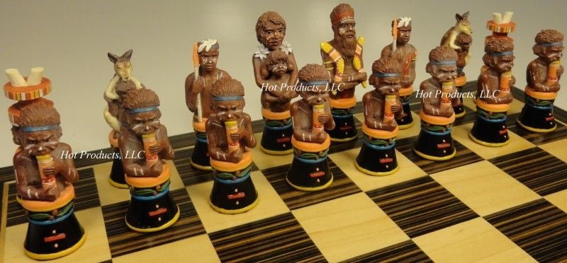 AUSTRALIAN ABORIGINES Chess Set W Ebony Black & Maple 14" Wood Board Aboriginal