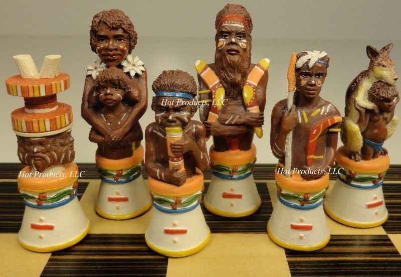 AUSTRALIAN ABORIGINES Chess Set W Ebony Black & Maple 14" Wood Board Aboriginal