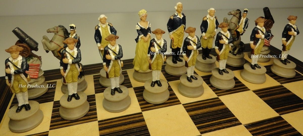 American REVOLUTION Chess Set W 14" Ebony Black & Maple Wood Board Independence