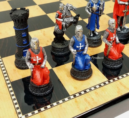 Medieval Times Crusades RED BLUE Maltese Knight Chess Set 18" Walnut Color Board