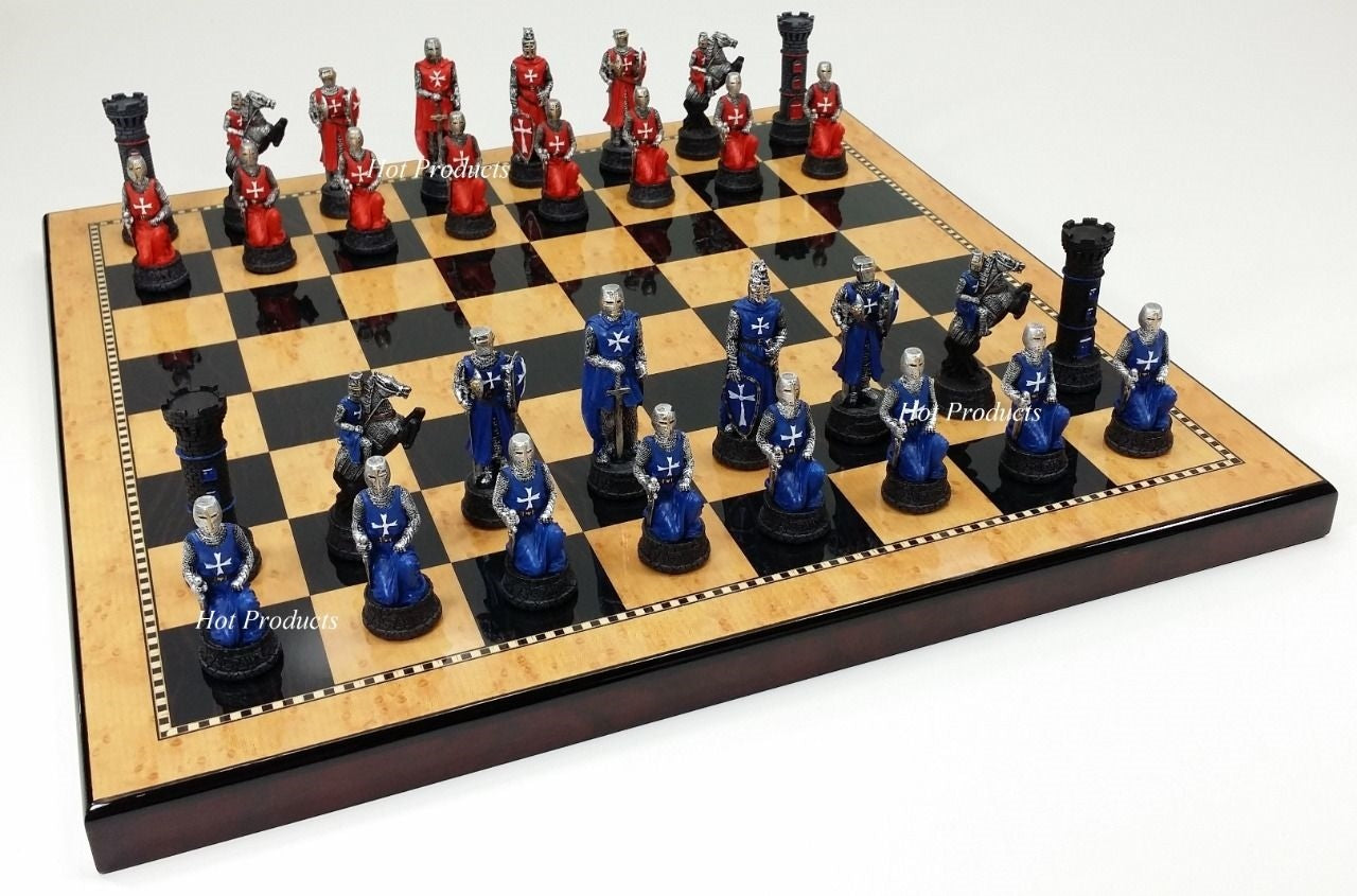 Medieval Times Crusades RED BLUE Maltese Knight Chess Set 18" Walnut Color Board