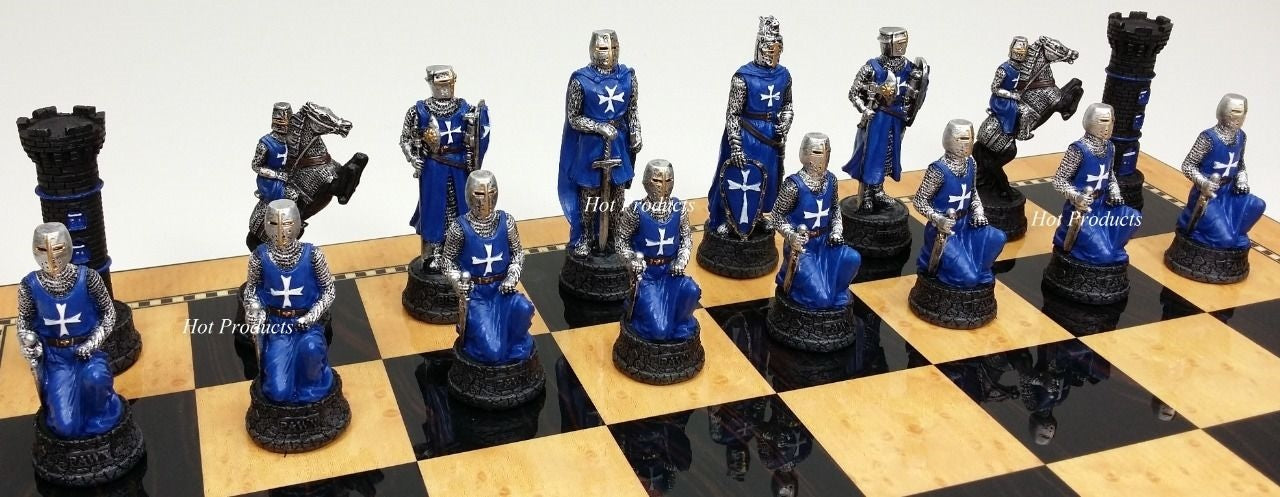 Medieval Times Crusades RED BLUE Maltese Knight Chess Set 18" Walnut Color Board