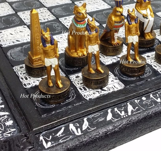 Egyptian Anubis Chess Set Gold & Buff Men W/ 16" Hieroglyphics EGYPT Board