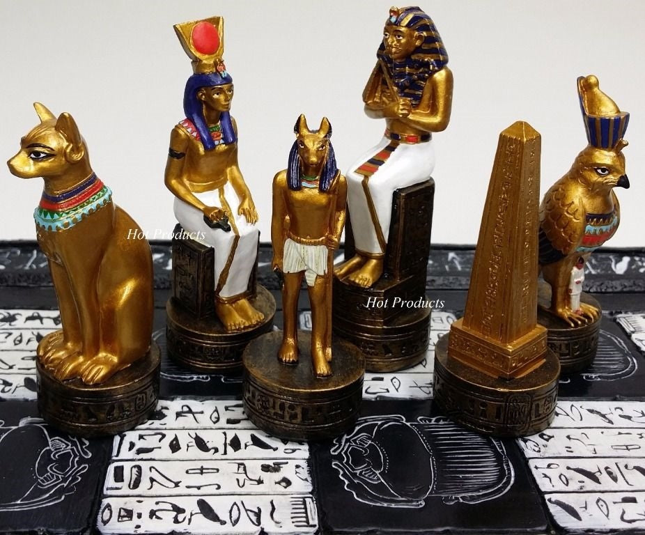 Egyptian Anubis Chess Set Gold & Buff Men W/ 16" Hieroglyphics EGYPT Board