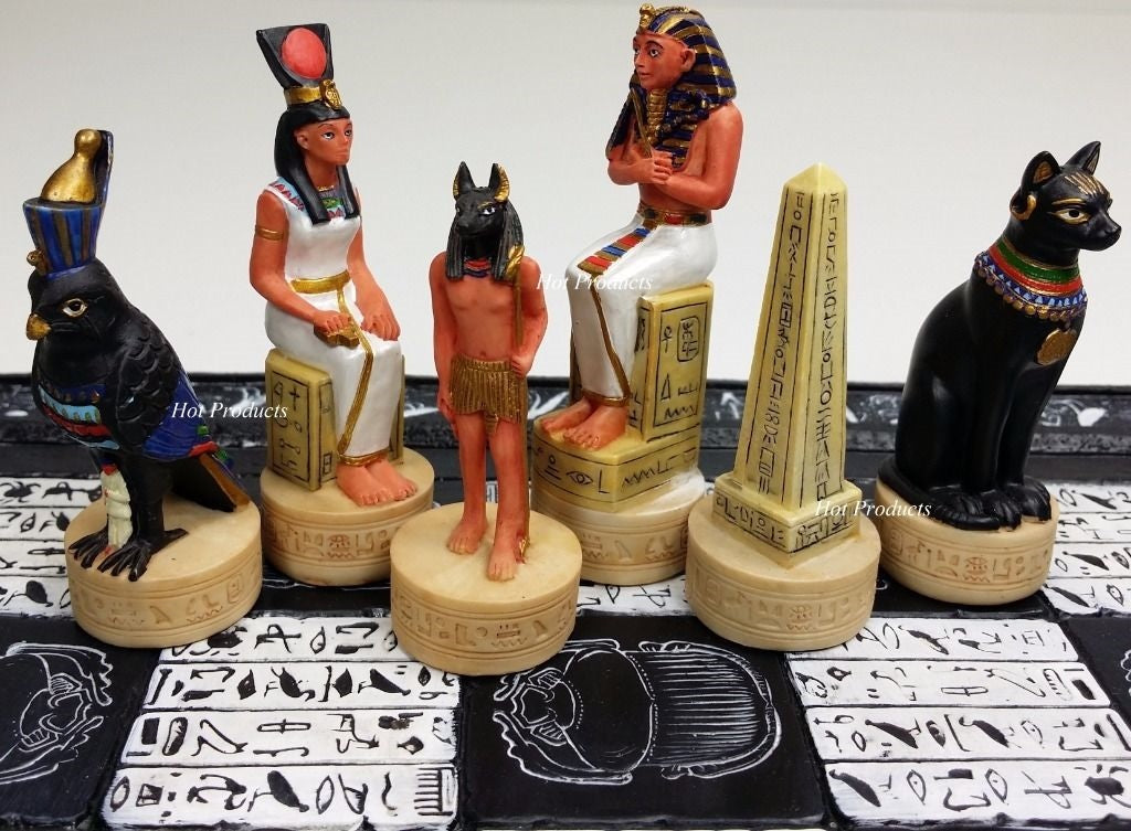 Egyptian Anubis Chess Set Gold & Buff Men W/ 16" Hieroglyphics EGYPT Board