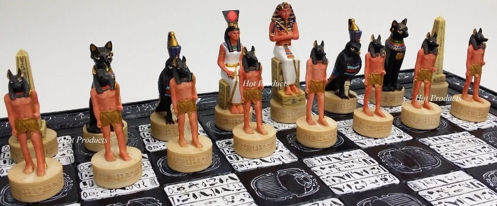 Egyptian Anubis Chess Set Gold & Buff Men W/ 16" Hieroglyphics EGYPT Board