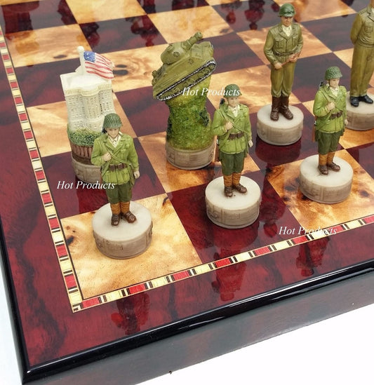 WW2 US vs GERMANY Chess Set W/ 18 Cherry & Burlwood Color Board World War 2