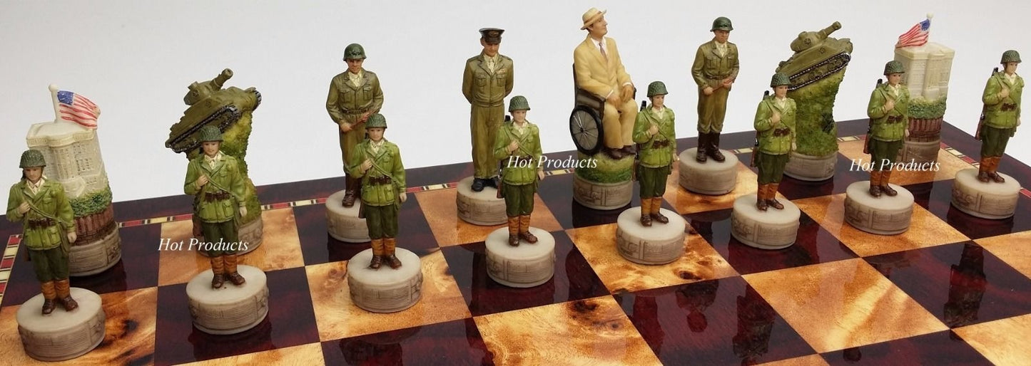 WW2 US vs GERMANY Chess Set W/ 18 Cherry & Burlwood Color Board World War 2