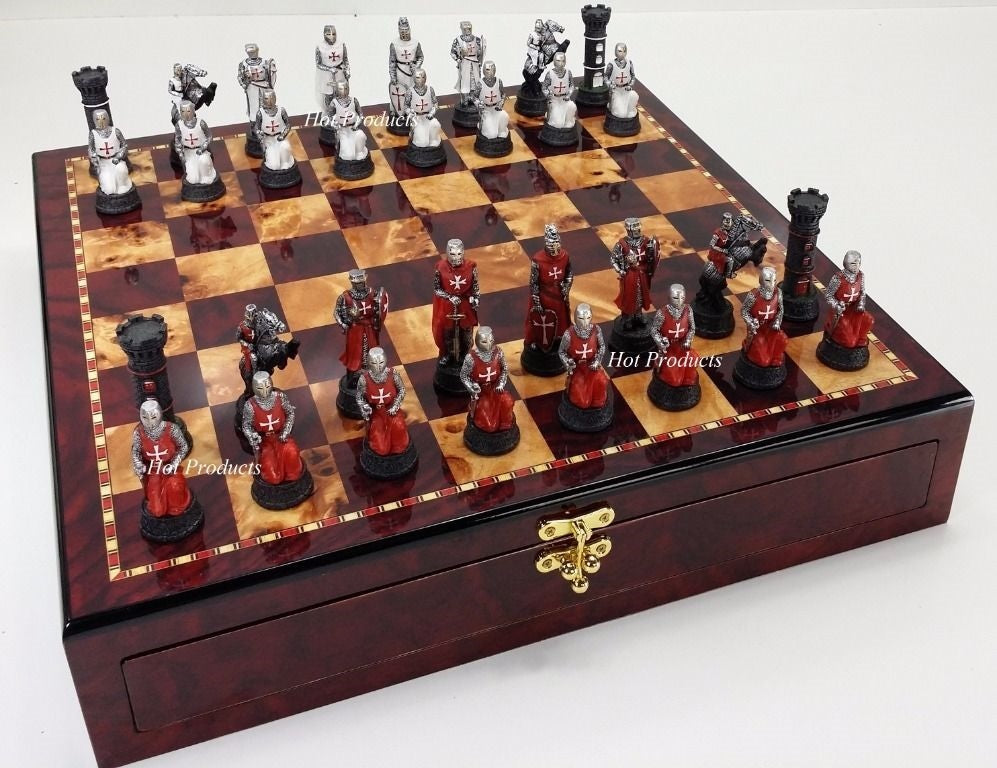 Medieval Times Crusades Red & White Maltese Chess Set Cherry COLOR Storage Board