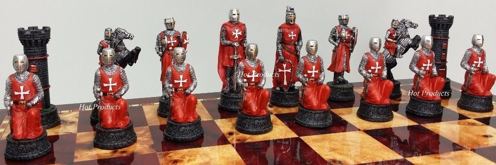 Medieval Times Crusades Red & White Maltese Chess Set Cherry COLOR Storage Board