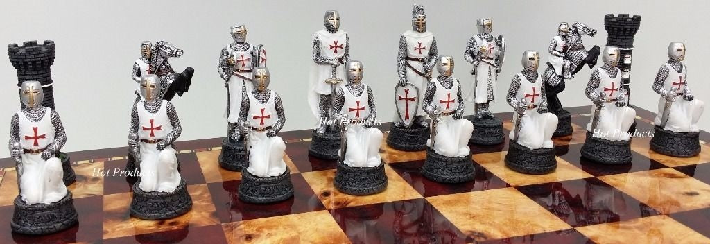 Medieval Times Crusades Red & White Maltese Chess Set Cherry COLOR Storage Board