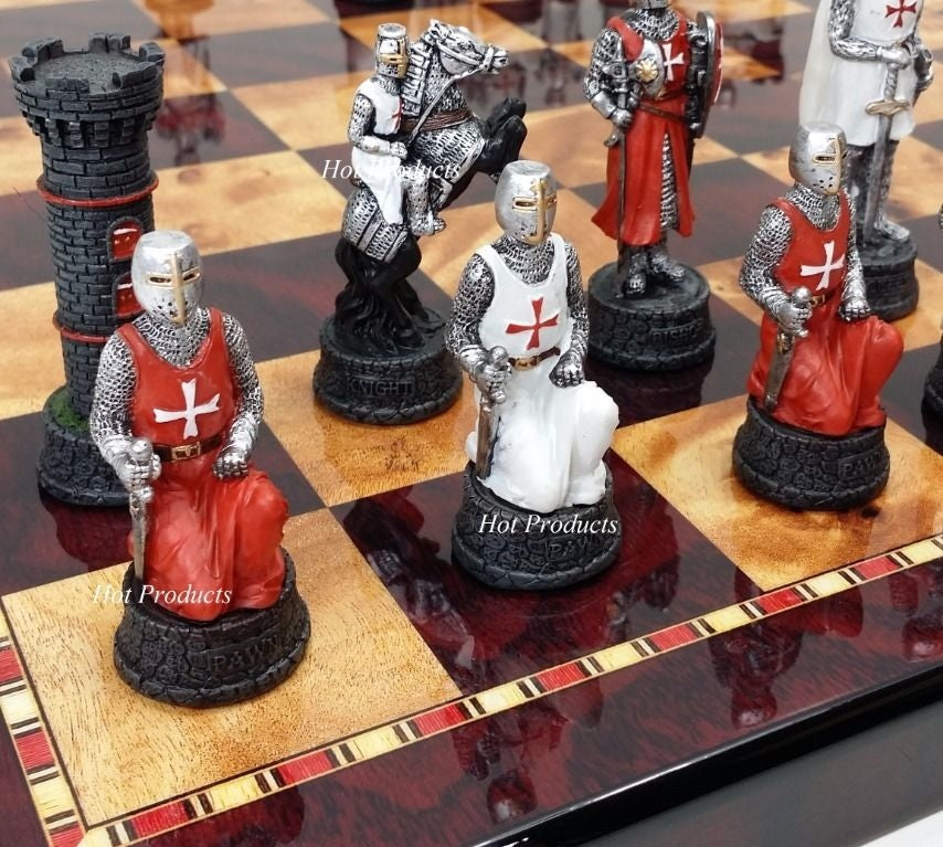 Medieval Times Crusades WARRIOR Red & White Chess Set W/ 18" CHERRY COLOR Board