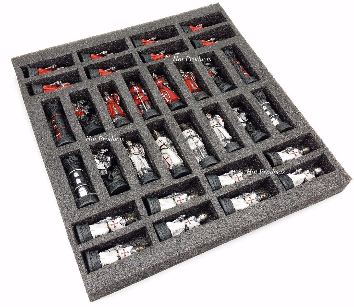 Medieval Times Crusades WARRIOR Red & White Chess Set W/ 18" Walnut COLOR Board