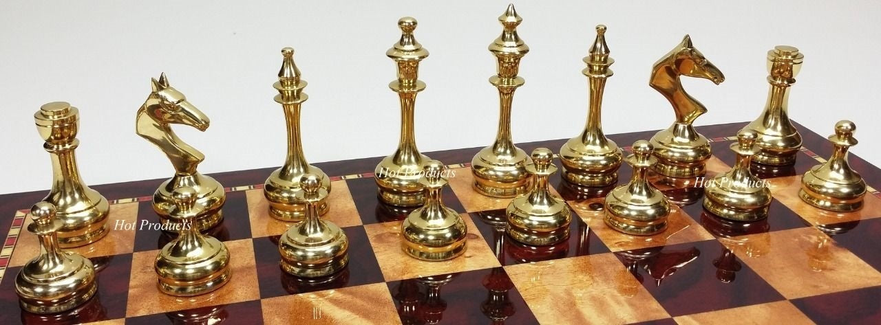 Brass Metal Gold & Black Chrome Modern Slim Staunton Chess Men Set - NO Board